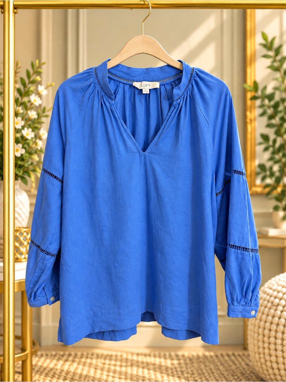 LOFT Blue Linen Blend Ladder Stitch Peasant Blouse Size Small